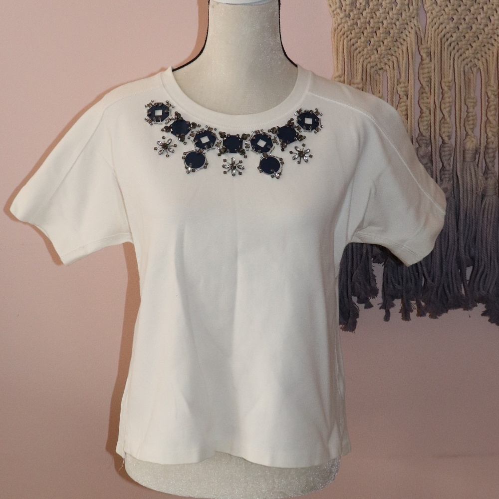 J. Crew White Blue Embroidered Collar Top